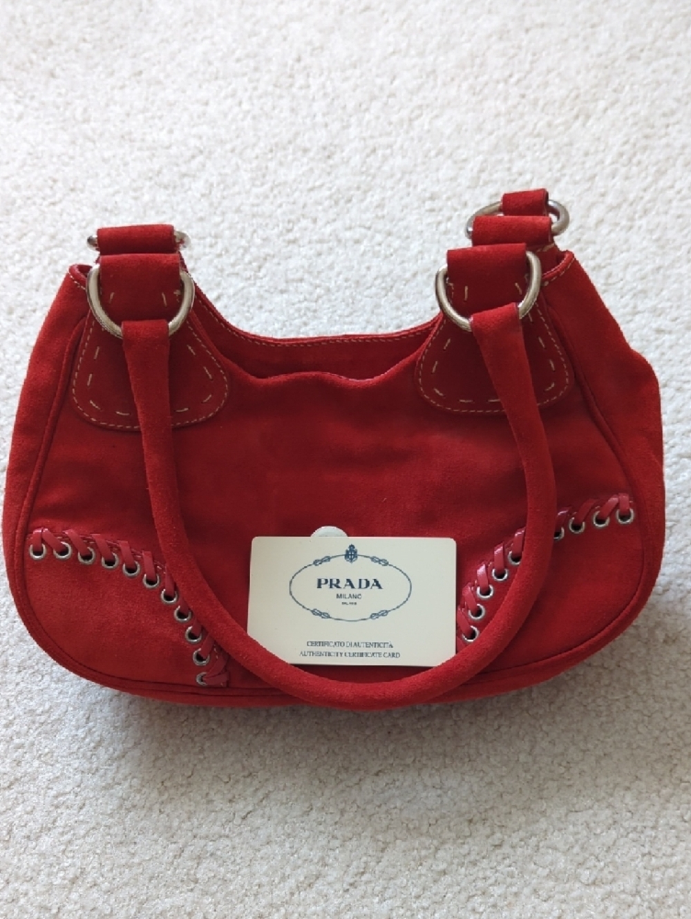 Prada Moon Red Suede Shoulder Bag with Silver-Tone Rings Like 🆕 - Picture 8 of 12